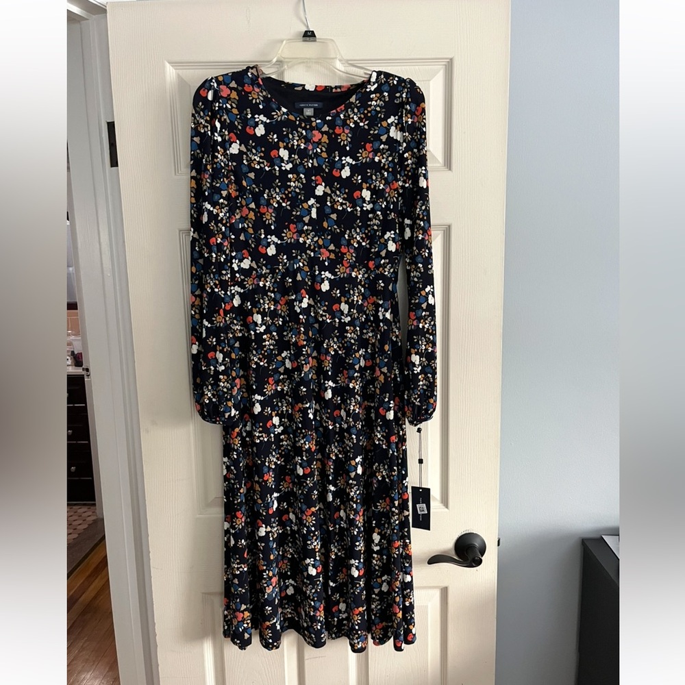 NEW Tommy Hilfiger floral dress navy blue stretch jersey long balloon sleeves 8